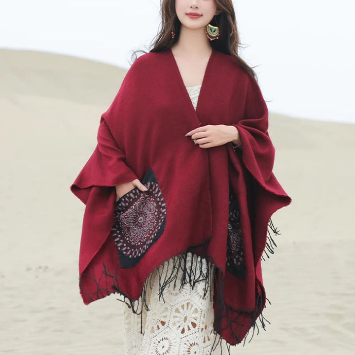Écharpe enveloppante confortable avec poches et Buddha Stones, motif géométrique rond et mandala tibétain, pour l'automne et l'hiver - FireBrick - 140*155cm - image 22