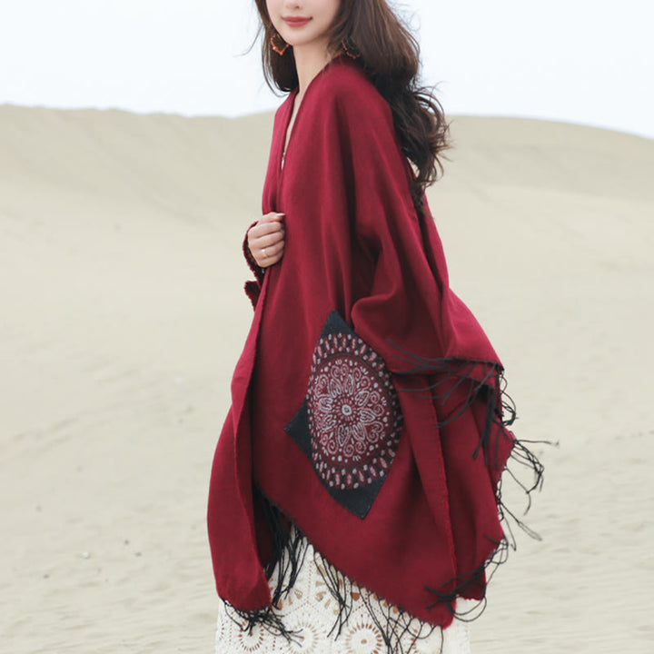 Écharpe enveloppante confortable avec poches et Buddha Stones, motif géométrique rond et mandala tibétain, pour l'automne et l'hiver