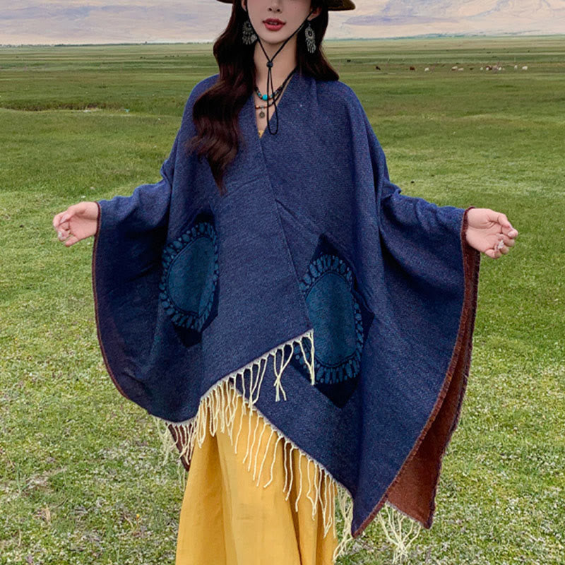 Écharpe enveloppante confortable avec poches et Buddha Stones, motif géométrique rond et mandala tibétain, pour l'automne et l'hiver