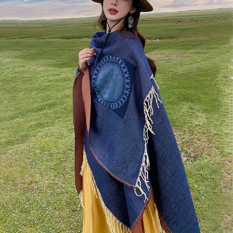 Écharpe enveloppante confortable avec poches et Buddha Stones, motif géométrique rond et mandala tibétain, pour l'automne et l'hiver