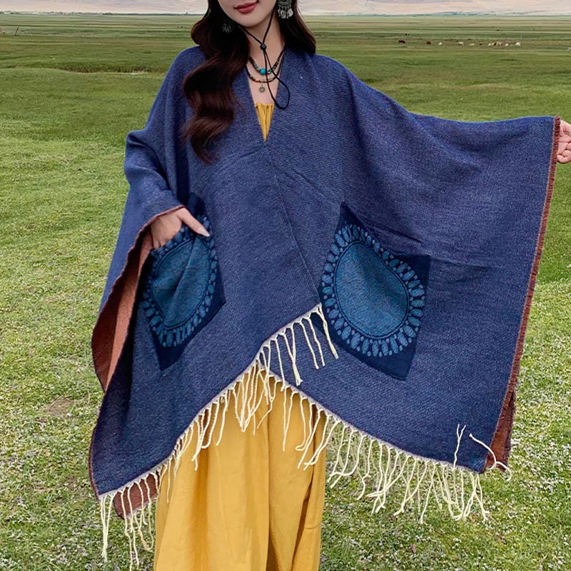 Écharpe enveloppante confortable avec poches et Buddha Stones, motif géométrique rond et mandala tibétain, pour l'automne et l'hiver