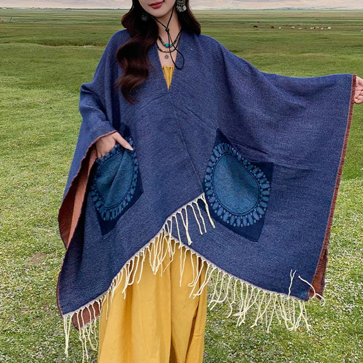 Écharpe enveloppante confortable avec poches et Buddha Stones, motif géométrique rond et mandala tibétain, pour l'automne et l'hiver