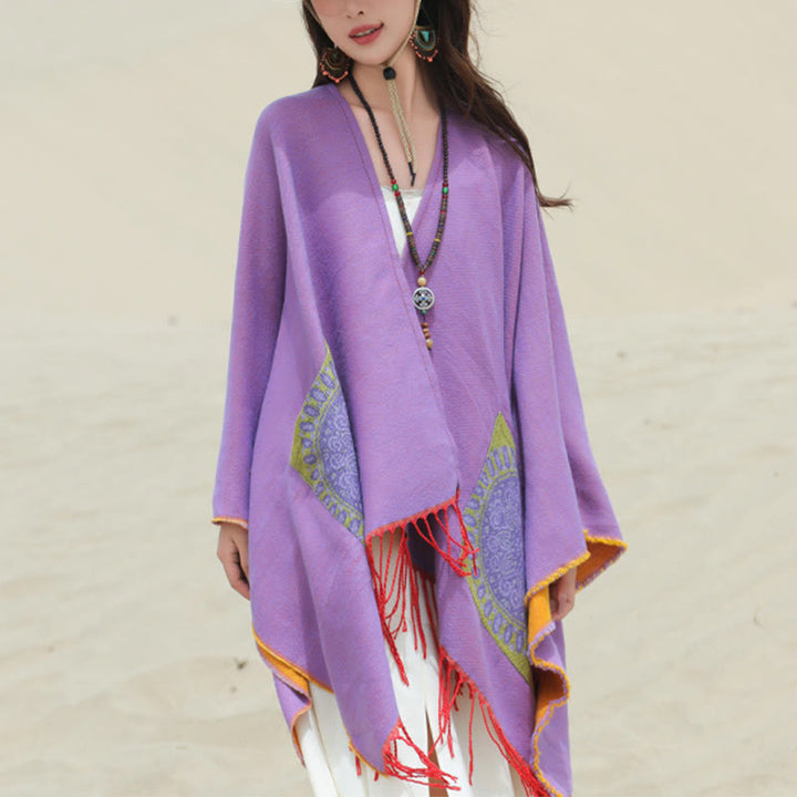 Écharpe enveloppante confortable avec poches et Buddha Stones, motif géométrique rond et mandala tibétain, pour l'automne et l'hiver
