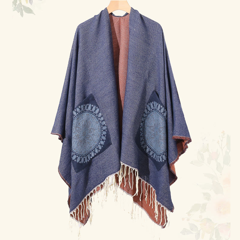 Écharpe enveloppante confortable avec poches et Buddha Stones, motif géométrique rond et mandala tibétain, pour l'automne et l'hiver