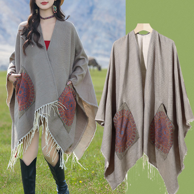 Écharpe enveloppante confortable avec poches et Buddha Stones, motif géométrique rond et mandala tibétain, pour l'automne et l'hiver