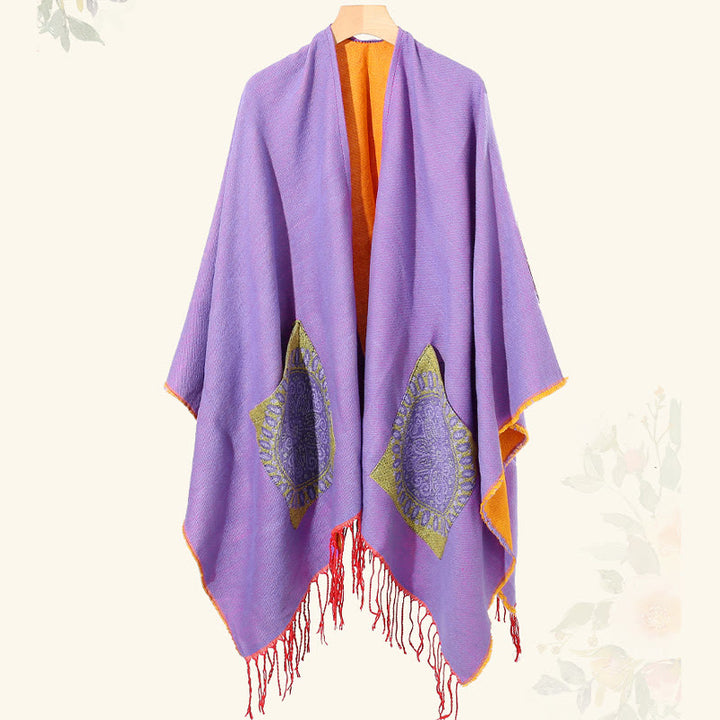 Écharpe enveloppante confortable avec poches et Buddha Stones, motif géométrique rond et mandala tibétain, pour l'automne et l'hiver