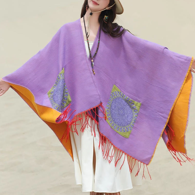 Écharpe enveloppante confortable avec poches et Buddha Stones, motif géométrique rond et mandala tibétain, pour l'automne et l'hiver