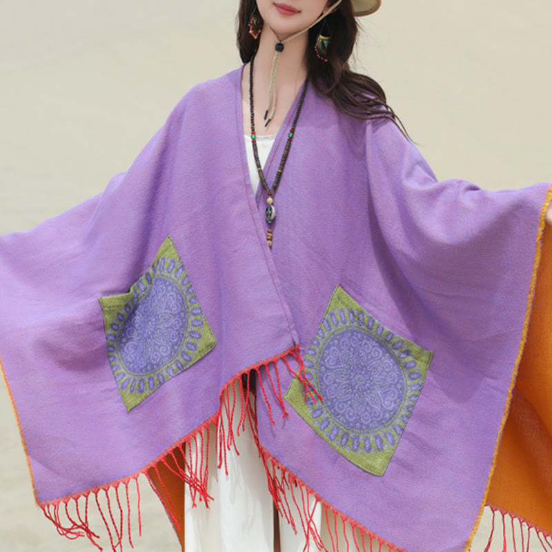 Écharpe enveloppante confortable avec poches et Buddha Stones, motif géométrique rond et mandala tibétain, pour l'automne et l'hiver