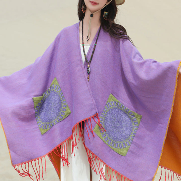 Écharpe enveloppante confortable avec poches et Buddha Stones, motif géométrique rond et mandala tibétain, pour l'automne et l'hiver