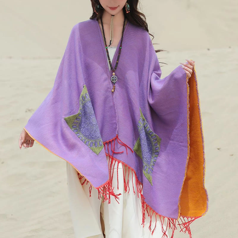 Écharpe enveloppante confortable avec poches et Buddha Stones, motif géométrique rond et mandala tibétain, pour l'automne et l'hiver