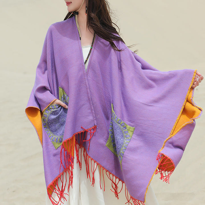Écharpe enveloppante confortable avec poches et Buddha Stones, motif géométrique rond et mandala tibétain, pour l'automne et l'hiver