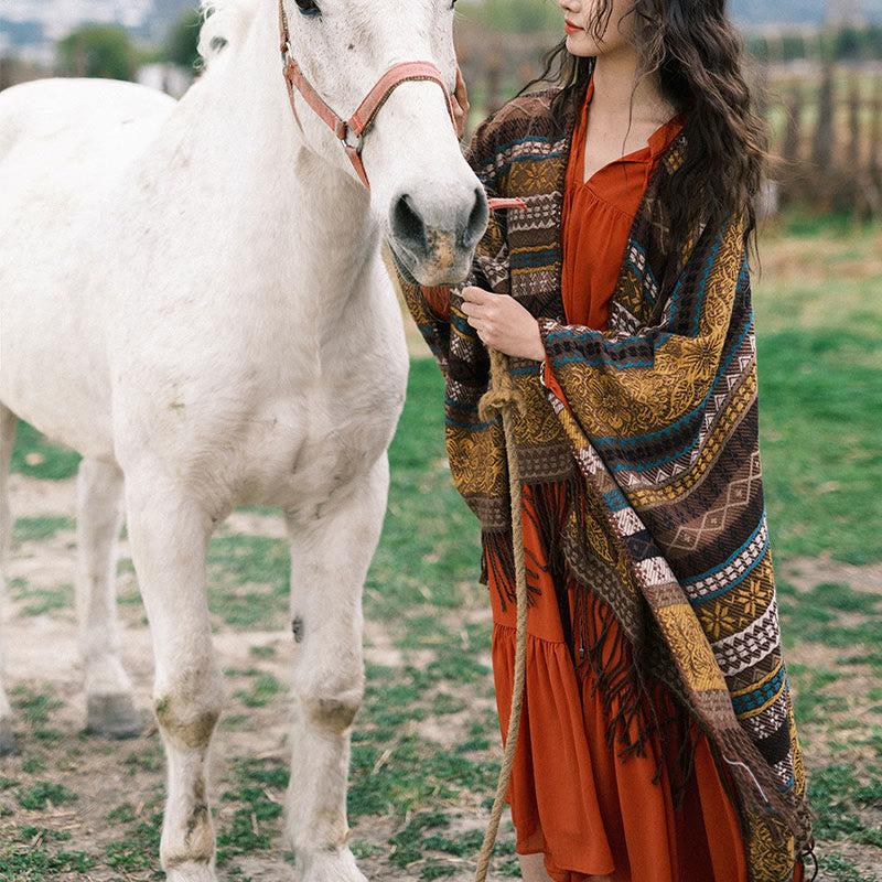 Écharpe enveloppante confortable Buddha Stones et rayures horizontales géométriques tibétaines, motif fleur et feuille, pour l'automne et l'hiver - Sienne 130*150cm - image 9