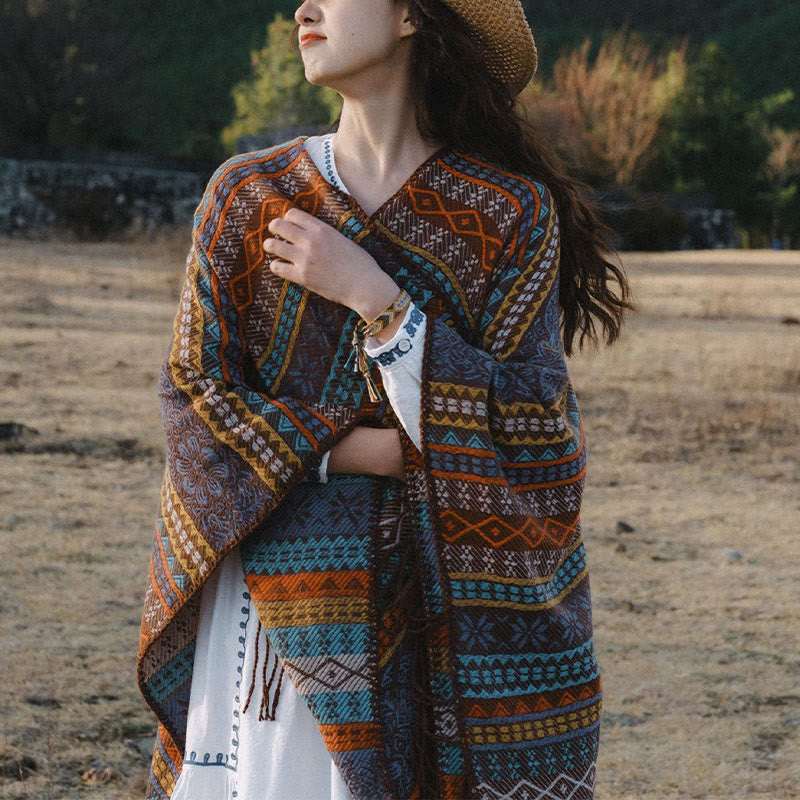 Écharpe enveloppante confortable Buddha Stones et rayures horizontales géométriques tibétaines, motif fleur et feuille, pour l'automne et l'hiver - image 2