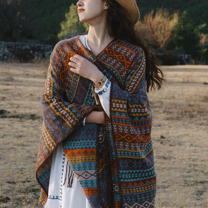 Écharpe enveloppante confortable Buddha Stones et rayures horizontales géométriques tibétaines, motif fleur et feuille, pour l'automne et l'hiver - image 2