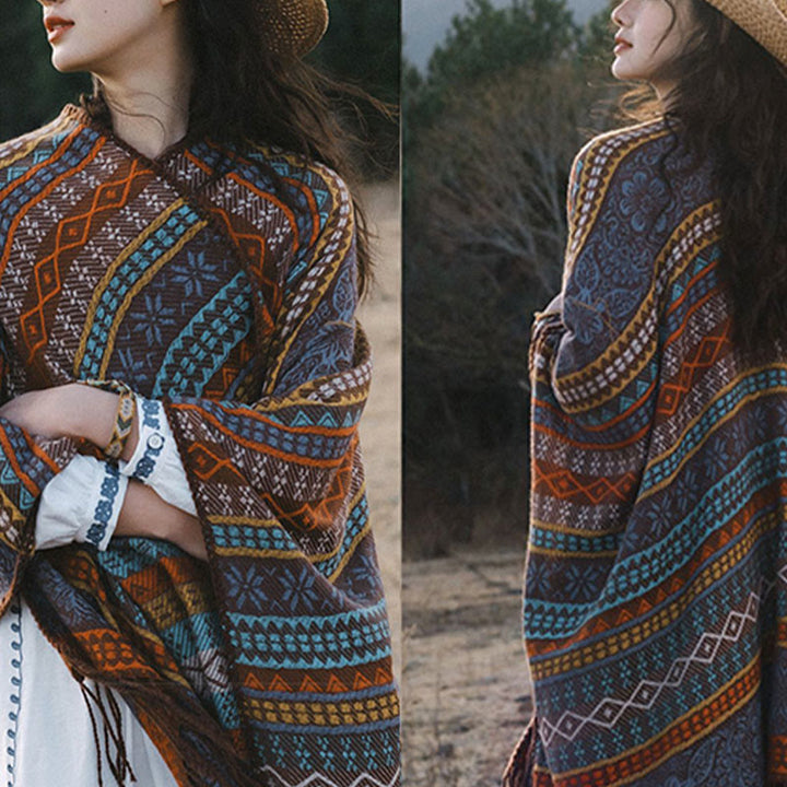 Écharpe enveloppante confortable Buddha Stones et rayures horizontales géométriques tibétaines, motif fleur et feuille, pour l'automne et l'hiver - image 8