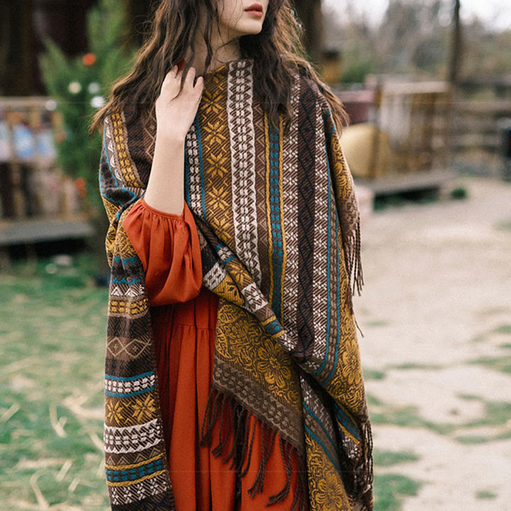 Écharpe enveloppante confortable Buddha Stones et rayures horizontales géométriques tibétaines, motif fleur et feuille, pour l'automne et l'hiver - image 11