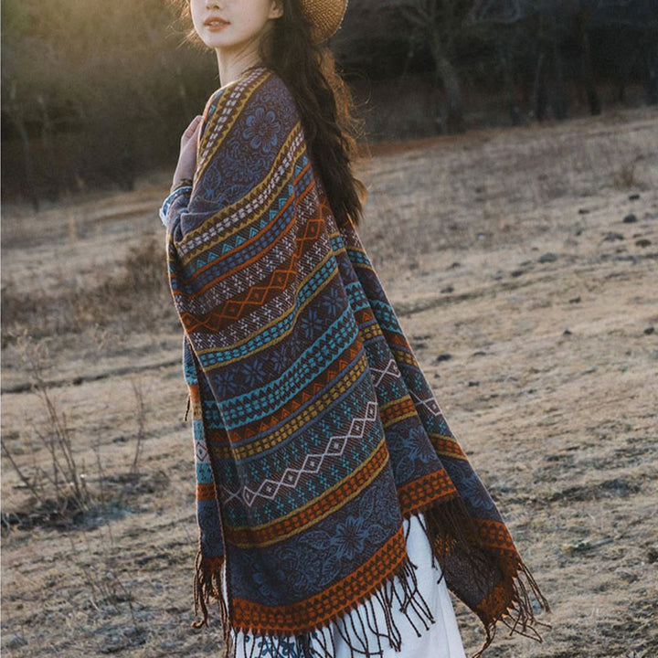 Écharpe enveloppante confortable Buddha Stones et rayures horizontales géométriques tibétaines, motif fleur et feuille, pour l'automne et l'hiver - image 4