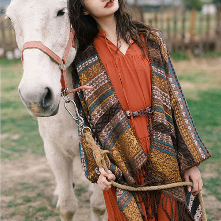 Écharpe enveloppante confortable Buddha Stones et rayures horizontales géométriques tibétaines, motif fleur et feuille, pour l'automne et l'hiver - image 12