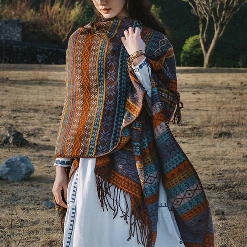 Écharpe enveloppante confortable Buddha Stones et rayures horizontales géométriques tibétaines, motif fleur et feuille, pour l'automne et l'hiver - image 1