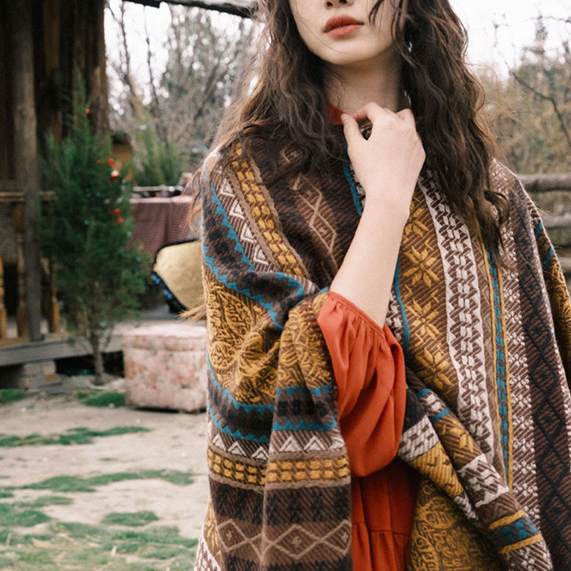 Écharpe enveloppante confortable Buddha Stones et rayures horizontales géométriques tibétaines, motif fleur et feuille, pour l'automne et l'hiver - image 13