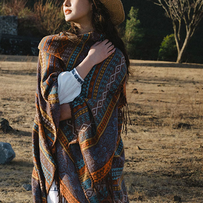 Écharpe enveloppante confortable Buddha Stones et rayures horizontales géométriques tibétaines, motif fleur et feuille, pour l'automne et l'hiver - image 5