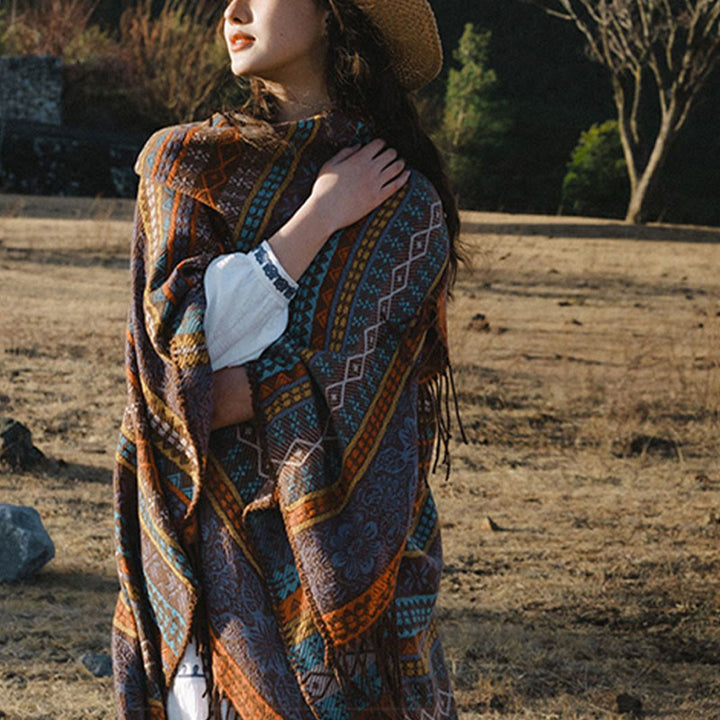 Écharpe enveloppante confortable Buddha Stones et rayures horizontales géométriques tibétaines, motif fleur et feuille, pour l'automne et l'hiver - image 5