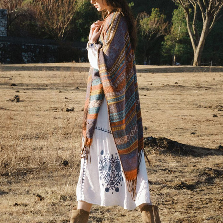 Écharpe enveloppante confortable Buddha Stones et rayures horizontales géométriques tibétaines, motif fleur et feuille, pour l'automne et l'hiver - image 7