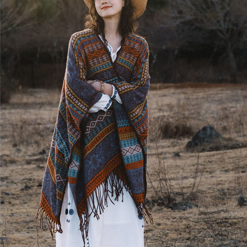 Écharpe enveloppante confortable Buddha Stones et rayures horizontales géométriques tibétaines, motif fleur et feuille, pour l'automne et l'hiver - image 6