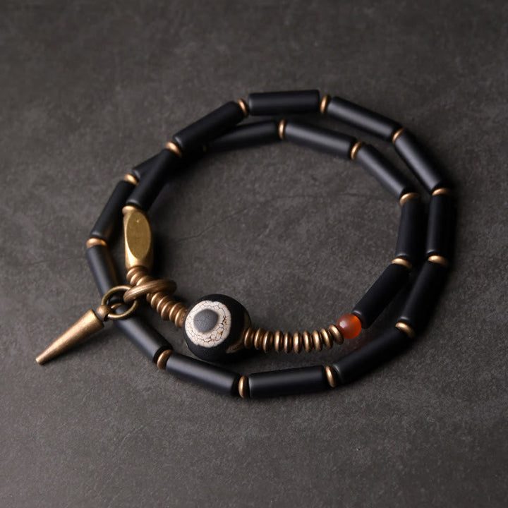 Bracelet de protection à double tour avec pendentif en forme de Buddha Stones en onyx noir et cuivre Dzi