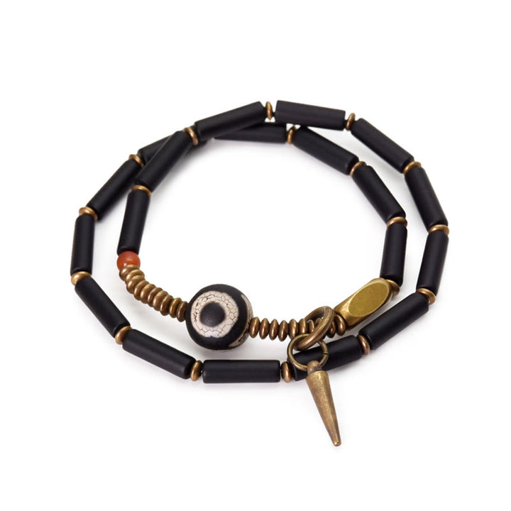 Bracelet de protection à double tour avec pendentif en forme de Buddha Stones en onyx noir et cuivre Dzi
