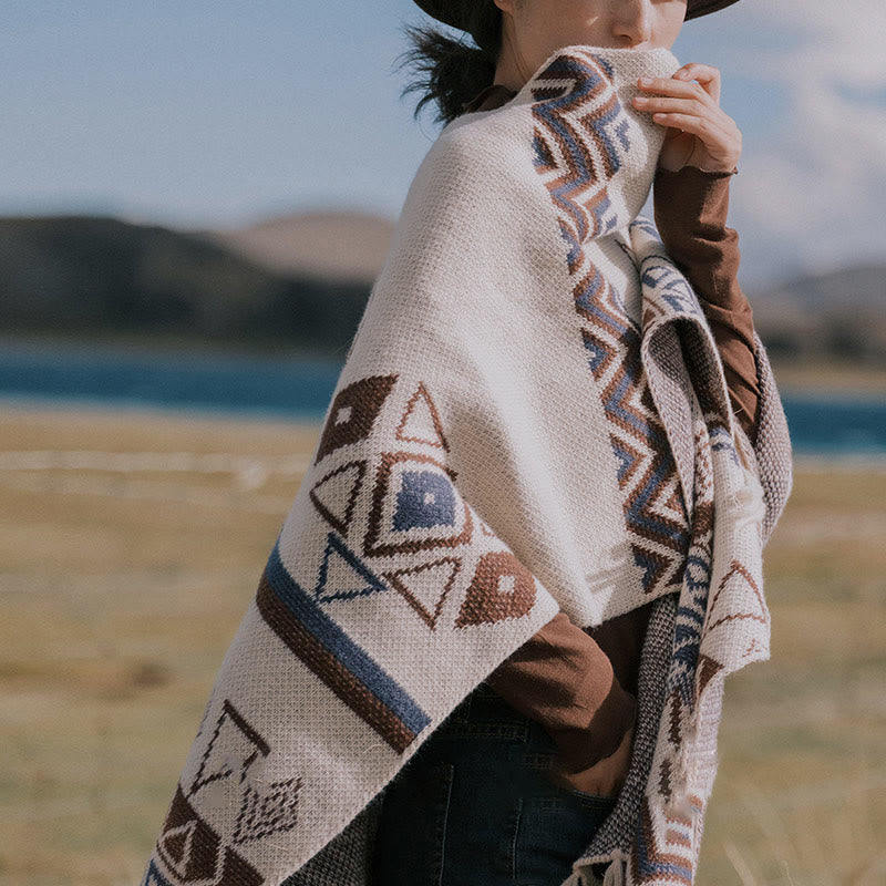 Châle à franges géométriques à rayures et vagues tibétaines en Buddha Stones pour l'automne et l'hiver - image 7