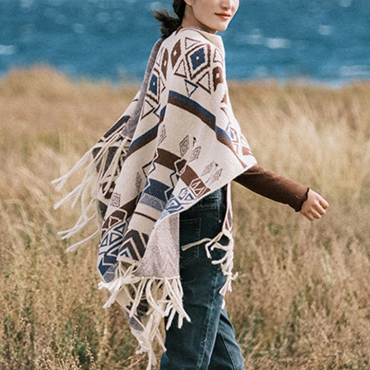 Châle à franges géométriques à rayures et vagues tibétaines en Buddha Stones pour l'automne et l'hiver - image 15