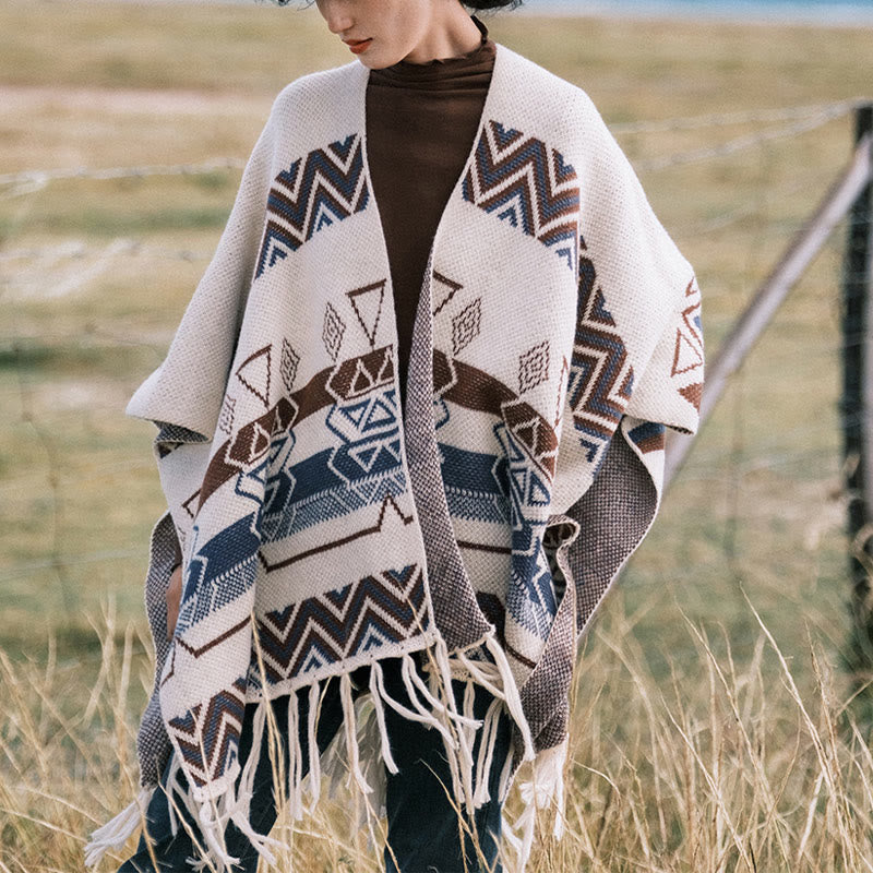 Châle à franges géométriques à rayures et vagues tibétaines en Buddha Stones pour l'automne et l'hiver - image 1