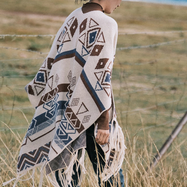 Châle à franges géométriques à rayures et vagues tibétaines en Buddha Stones pour l'automne et l'hiver - image 4
