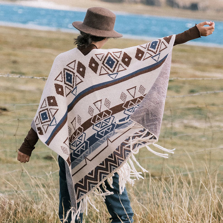 Châle à franges géométriques à rayures et vagues tibétaines en Buddha Stones pour l'automne et l'hiver - image 2