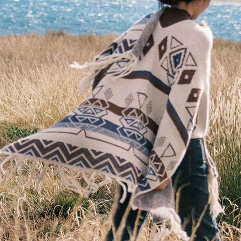 Châle à franges géométriques à rayures et vagues tibétaines en Buddha Stones pour l'automne et l'hiver - image 13