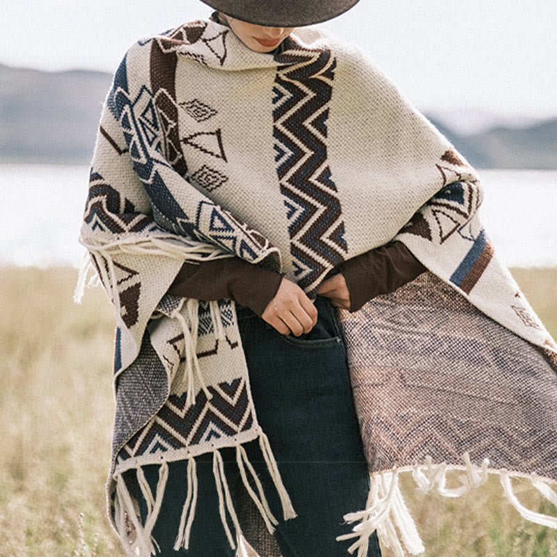 Châle à franges géométriques à rayures et vagues tibétaines en Buddha Stones pour l'automne et l'hiver - image 9