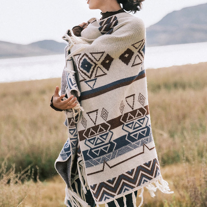Châle à franges géométriques à rayures et vagues tibétaines en Buddha Stones pour l'automne et l'hiver - image 5