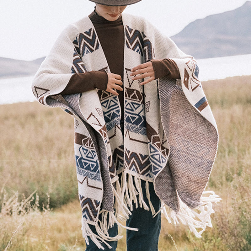 Châle à franges géométriques à rayures et vagues tibétaines en Buddha Stones pour l'automne et l'hiver - image 10