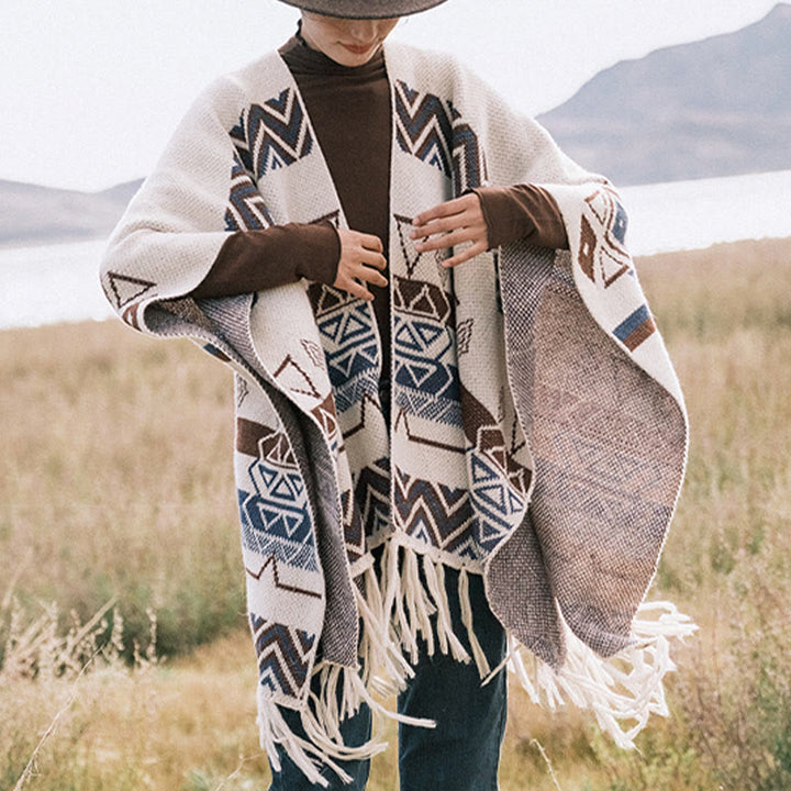 Châle à franges géométriques à rayures et vagues tibétaines en Buddha Stones pour l'automne et l'hiver - image 10