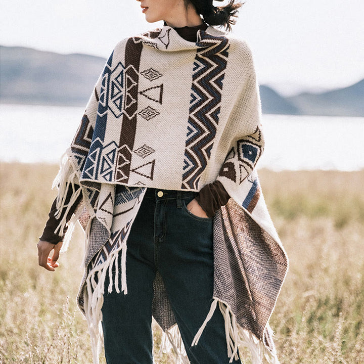 Châle à franges géométriques à rayures et vagues tibétaines en Buddha Stones pour l'automne et l'hiver - Lin - 90 x 140 cm - image 0