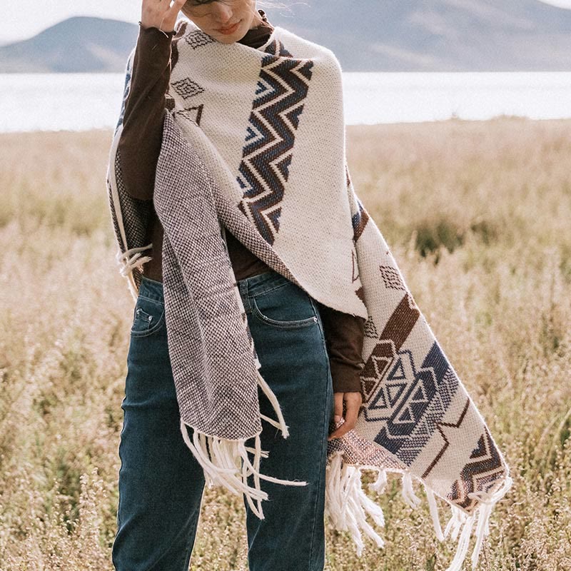 Châle à franges géométriques à rayures et vagues tibétaines en Buddha Stones pour l'automne et l'hiver - image 11