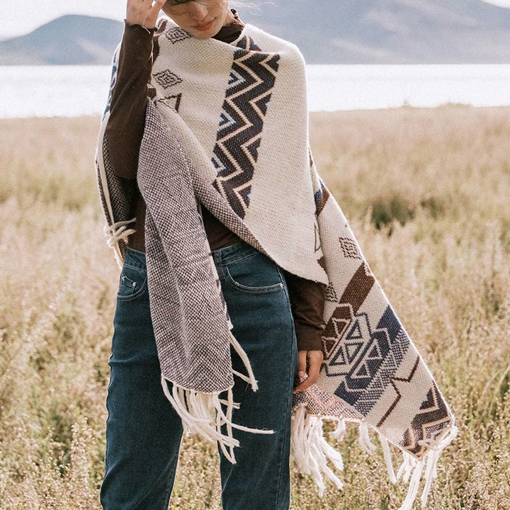 Châle à franges géométriques à rayures et vagues tibétaines en Buddha Stones pour l'automne et l'hiver - image 11