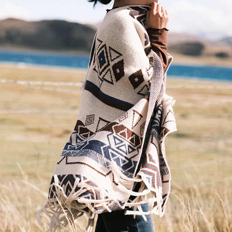 Châle à franges géométriques à rayures et vagues tibétaines en Buddha Stones pour l'automne et l'hiver - image 6