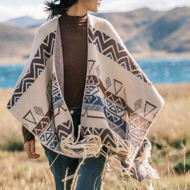 Châle à franges géométriques à rayures et vagues tibétaines en Buddha Stones pour l'automne et l'hiver - image 14