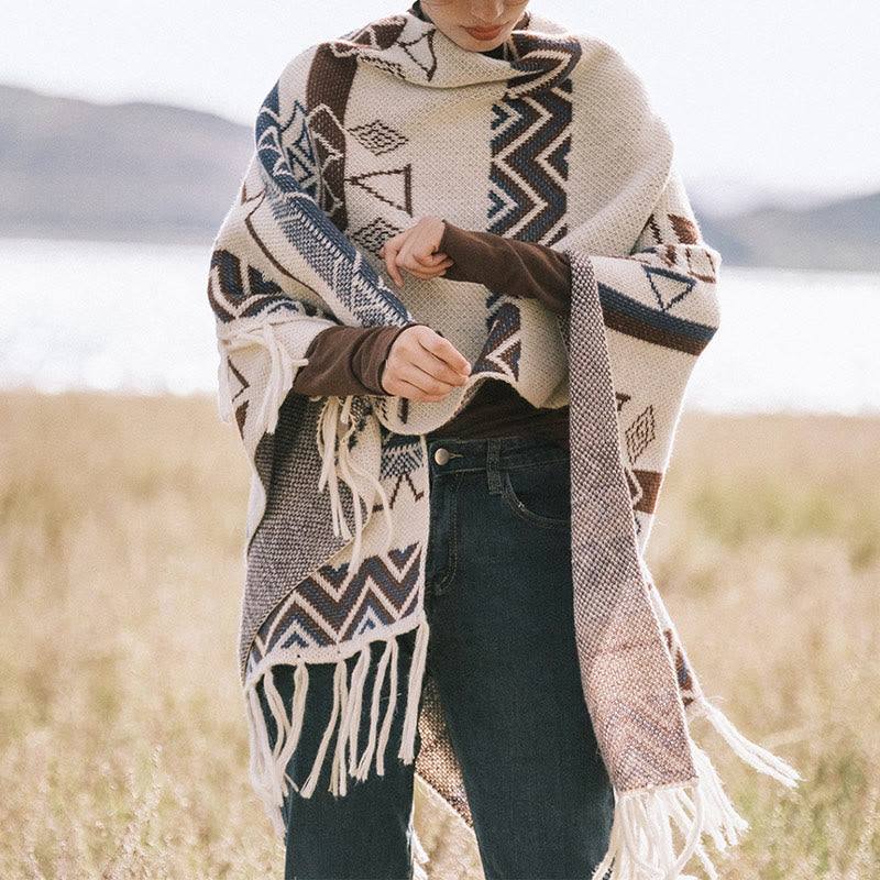 Châle à franges géométriques à rayures et vagues tibétaines en Buddha Stones pour l'automne et l'hiver - image 3