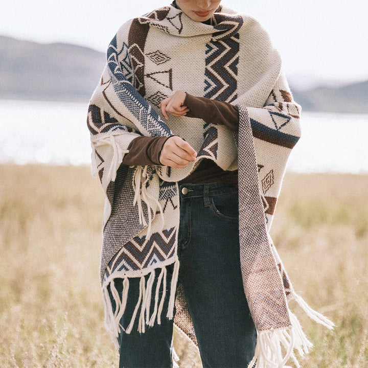 Châle à franges géométriques à rayures et vagues tibétaines en Buddha Stones pour l'automne et l'hiver - image 3