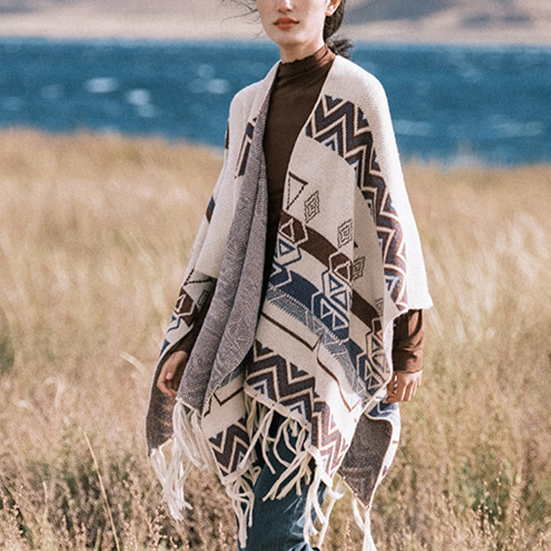 Châle à franges géométriques à rayures et vagues tibétaines en Buddha Stones pour l'automne et l'hiver - image 12