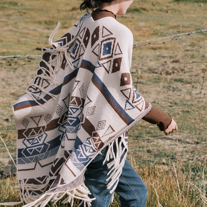 Châle à franges géométriques à rayures et vagues tibétaines en Buddha Stones pour l'automne et l'hiver - image 8