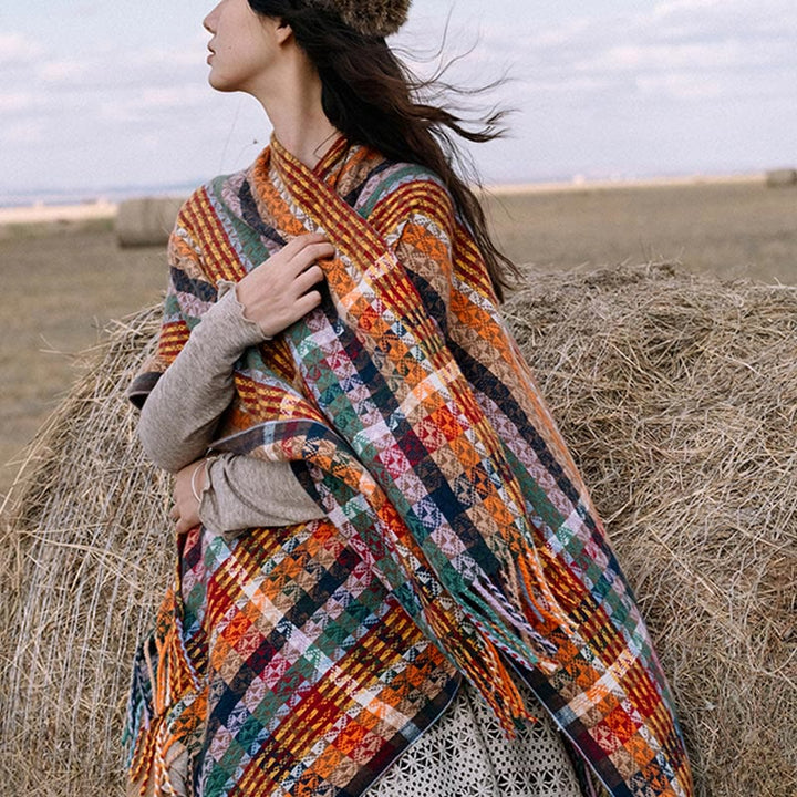 Écharpe douce à rayures colorées et pompons en Buddha Stones tibétaines pour l'automne et l'hiver - image 1